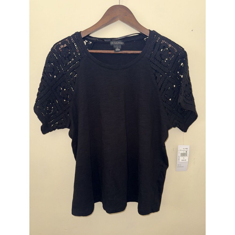 DESIGN365 Black Crochet Sleeve Top NWT Size XL 100% Cotton Raglan Tee Boho